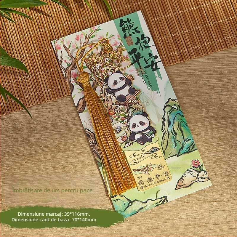 Semn de carte metal Panda, în stil chinezesc, cu decupaj ornamental și ciucure, gravat
