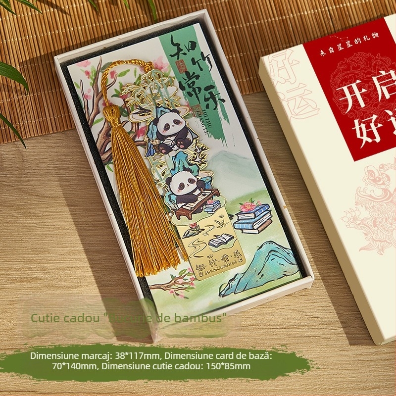Semn de carte metal Panda, în stil chinezesc, cu decupaj ornamental și ciucure, gravat