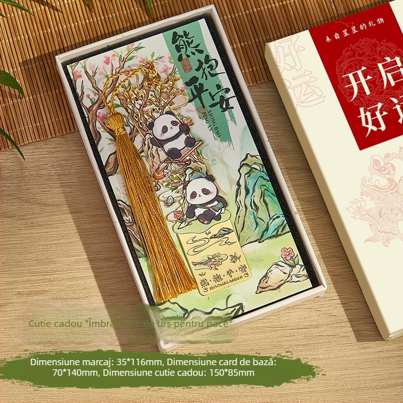 Semn de carte metal Panda, în stil chinezesc, cu decupaj ornamental și ciucure, gravat