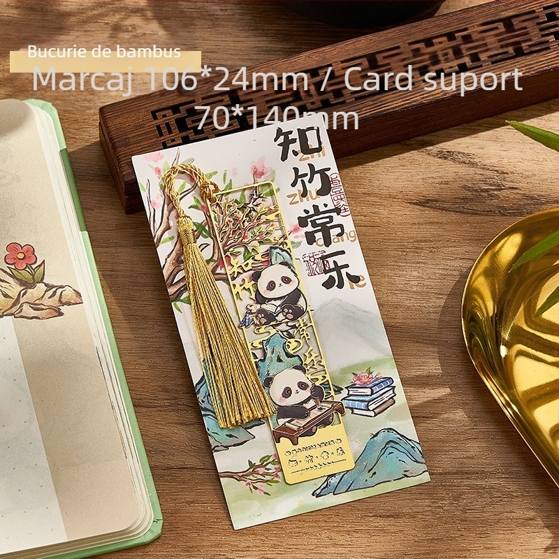 Semn de carte metal Panda, în stil chinezesc, cu decupaj ornamental și ciucure, gravat