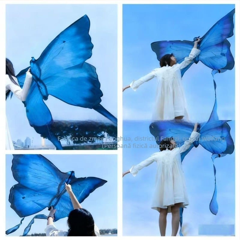 Kite albastru în formă de fluture pentru fotografiere, potrivit pentru copii și adulți, ședințe de toamnă.