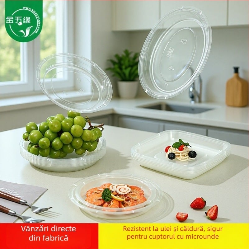 Farfurie de unică folosință din plastic, cu capac, rotundă, pentru grătar și picnic, compatibilă cu microunde