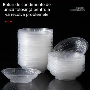 Recipient din plastic transparent, rotund, de unică folosință, pentru sosuri și condimente