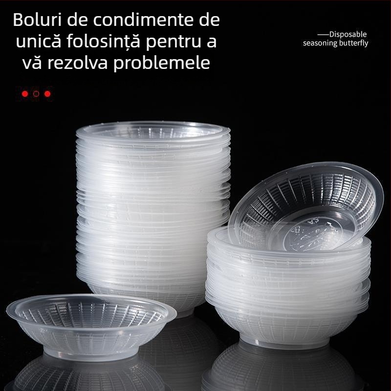Recipient din plastic transparent, rotund, de unică folosință, pentru sosuri și condimente