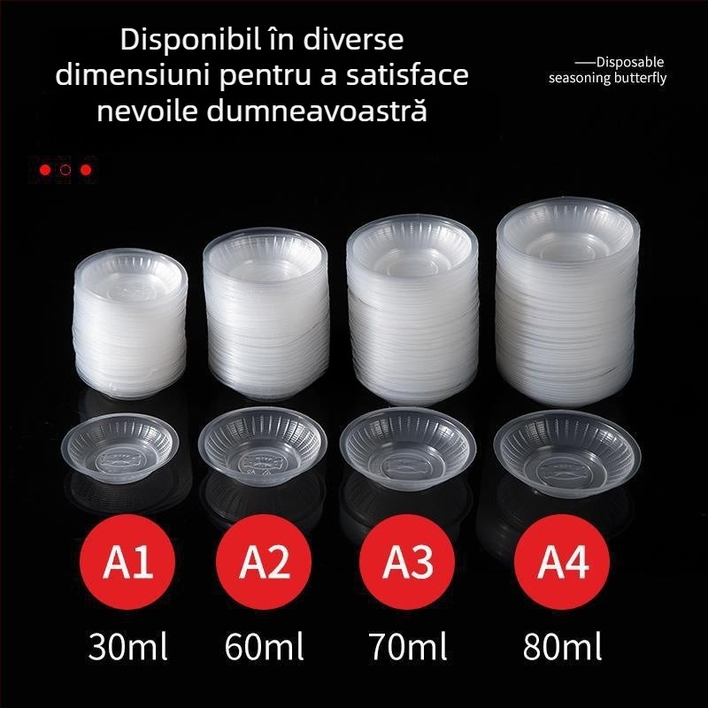 Recipient din plastic transparent, rotund, de unică folosință, pentru sosuri și condimente
