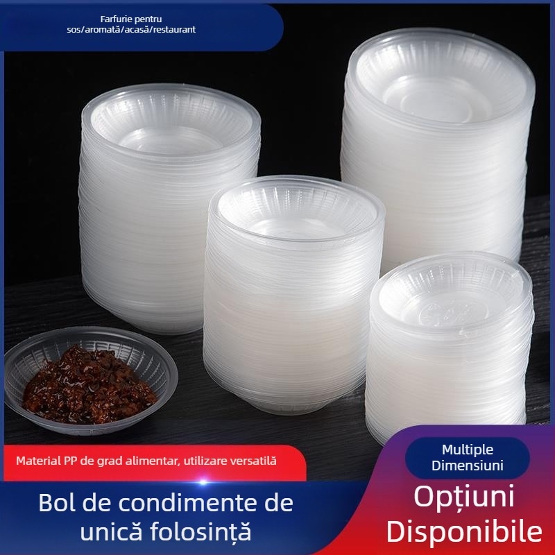 Recipient din plastic transparent, rotund, de unică folosință, pentru sosuri și condimente