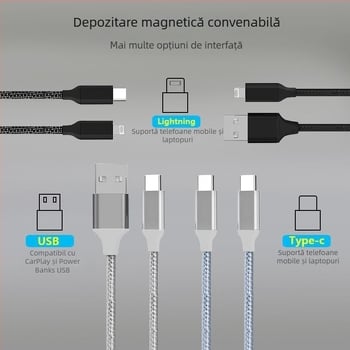 Cablu de încărcare magnetic cu stocare magnetică, împletit, compatibil USB Type-C și cablu de date Apple, încărcare rapidă, lungime 1–2 m