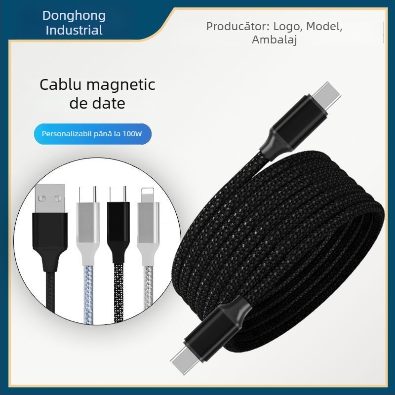 Cablu de încărcare magnetic cu stocare magnetică, împletit, compatibil USB Type-C și cablu de date Apple, încărcare rapidă, lungime 1–2 m