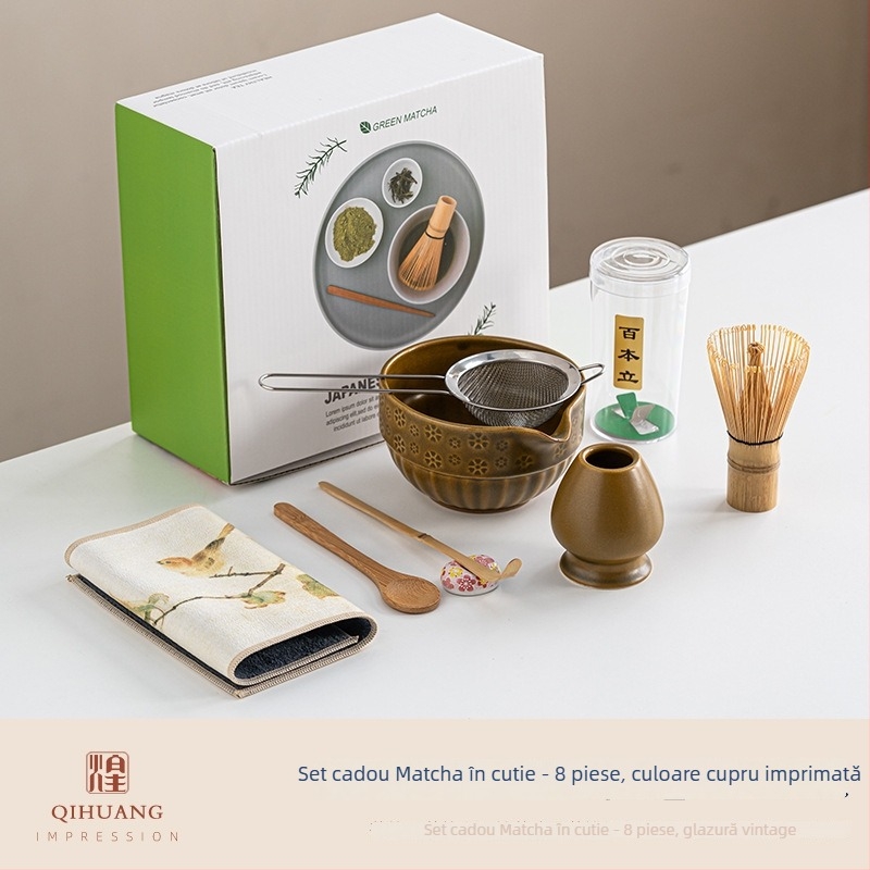Vas din bambus pentru matcha, în stil japonez, cu instrument de preparare a ceaiului și accesorii pentru ceremonia ceaiului
