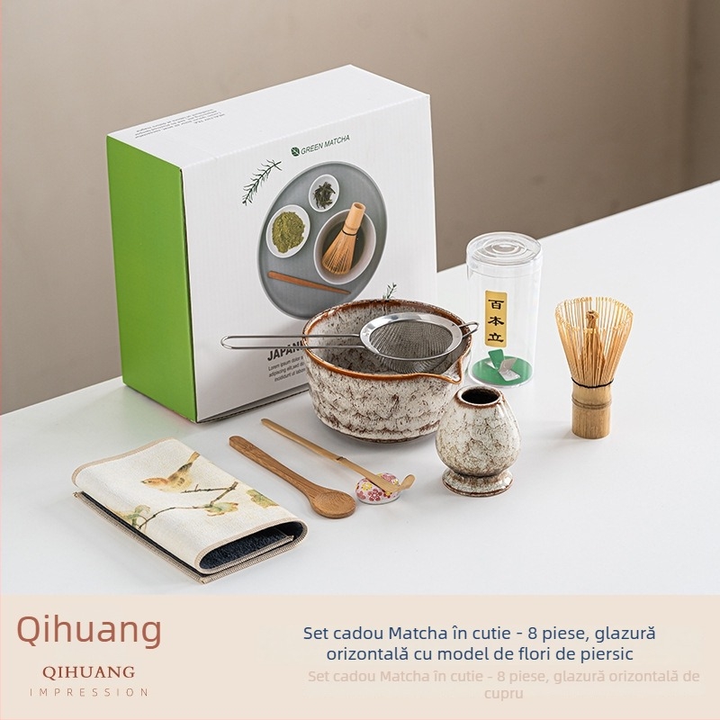 Vas din bambus pentru matcha, în stil japonez, cu instrument de preparare a ceaiului și accesorii pentru ceremonia ceaiului