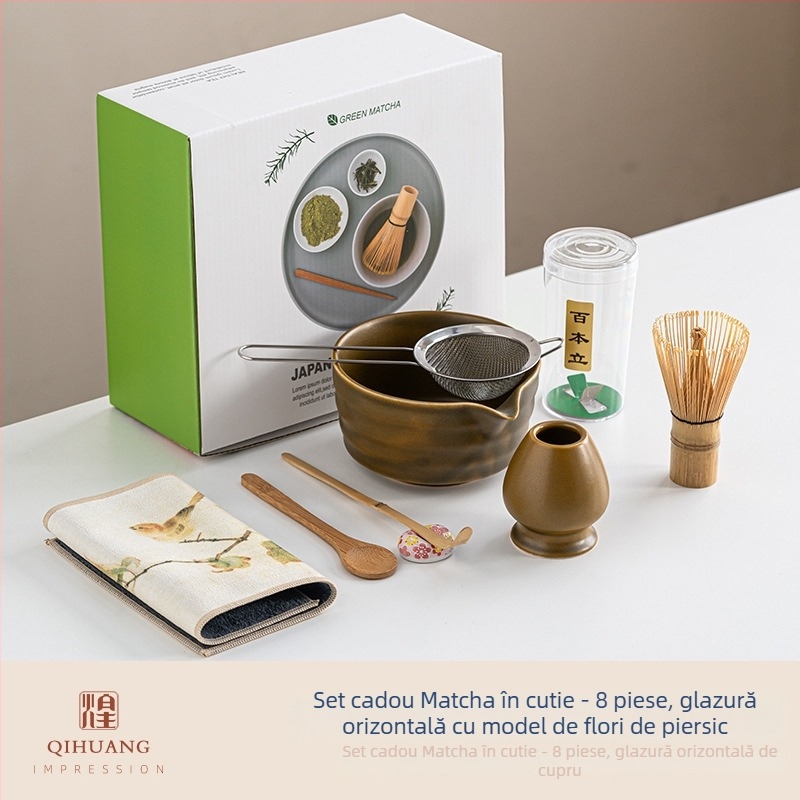 Vas din bambus pentru matcha, în stil japonez, cu instrument de preparare a ceaiului și accesorii pentru ceremonia ceaiului