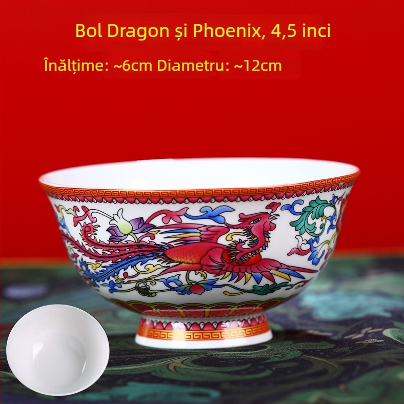 Set de boluri din porțelan osos, email ceramic, cu picior înalt, protecție împotriva arsurilor, formă rotundă, model floral, stil tradițional chinezesc, diametru 12–12,9 cm