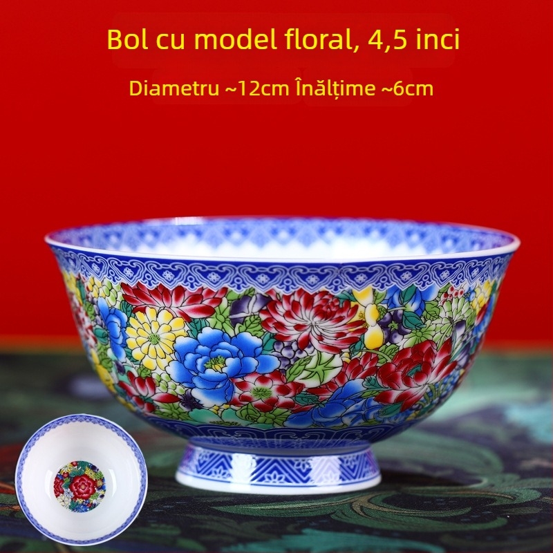 Set de boluri din porțelan osos, email ceramic, cu picior înalt, protecție împotriva arsurilor, formă rotundă, model floral, stil tradițional chinezesc, diametru 12–12,9 cm