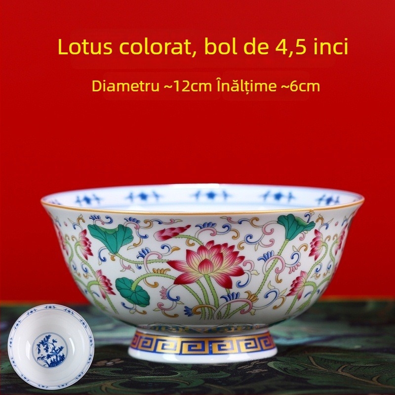 Set de boluri din porțelan osos, email ceramic, cu picior înalt, protecție împotriva arsurilor, formă rotundă, model floral, stil tradițional chinezesc, diametru 12–12,9 cm