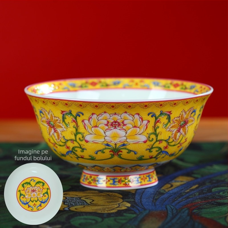 Set de boluri din porțelan osos, email ceramic, cu picior înalt, protecție împotriva arsurilor, formă rotundă, model floral, stil tradițional chinezesc, diametru 12–12,9 cm