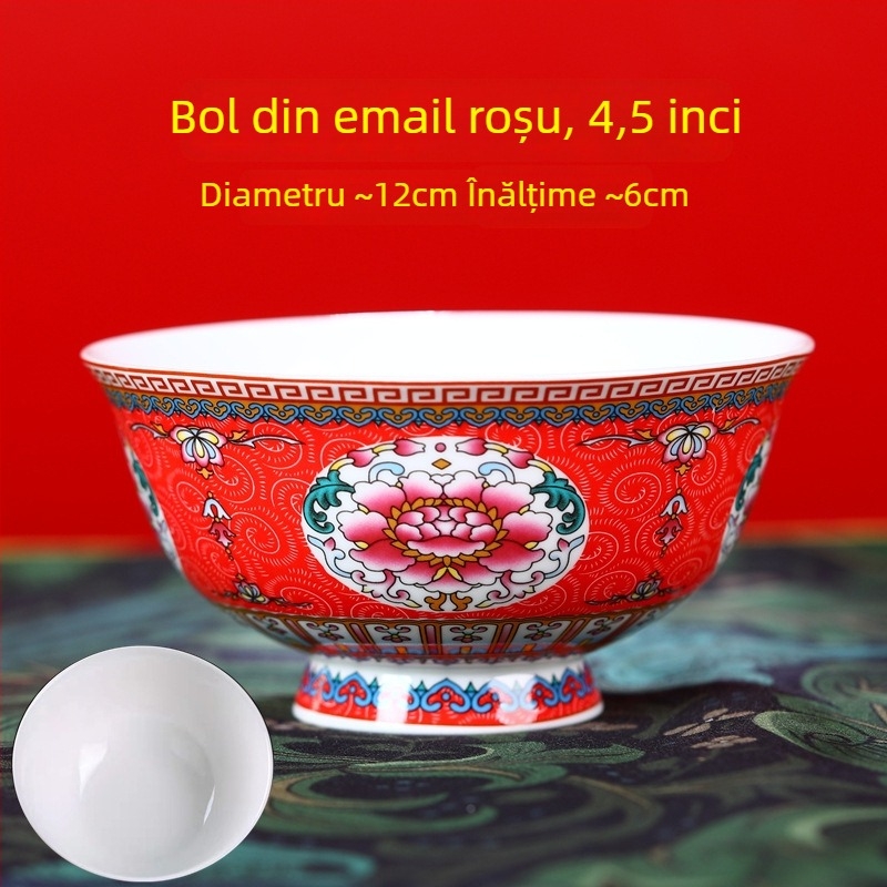 Set de boluri din porțelan osos, email ceramic, cu picior înalt, protecție împotriva arsurilor, formă rotundă, model floral, stil tradițional chinezesc, diametru 12–12,9 cm