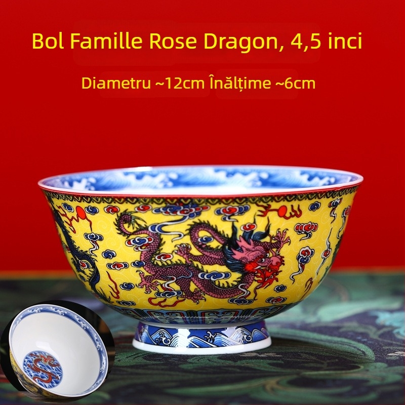 Set de boluri din porțelan osos, email ceramic, cu picior înalt, protecție împotriva arsurilor, formă rotundă, model floral, stil tradițional chinezesc, diametru 12–12,9 cm
