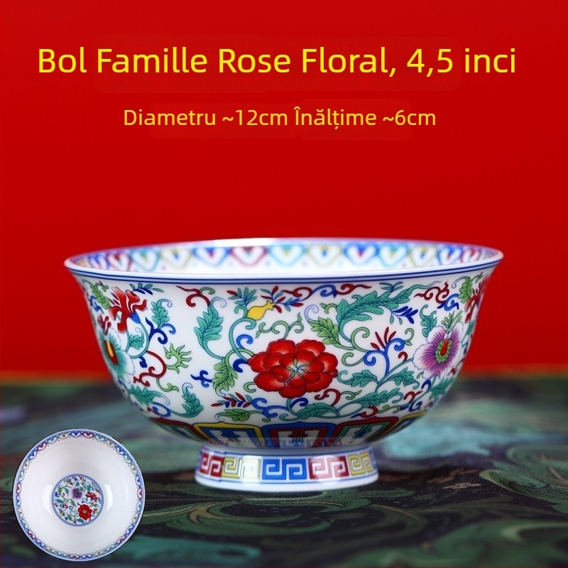 Set de boluri din porțelan osos, email ceramic, cu picior înalt, protecție împotriva arsurilor, formă rotundă, model floral, stil tradițional chinezesc, diametru 12–12,9 cm