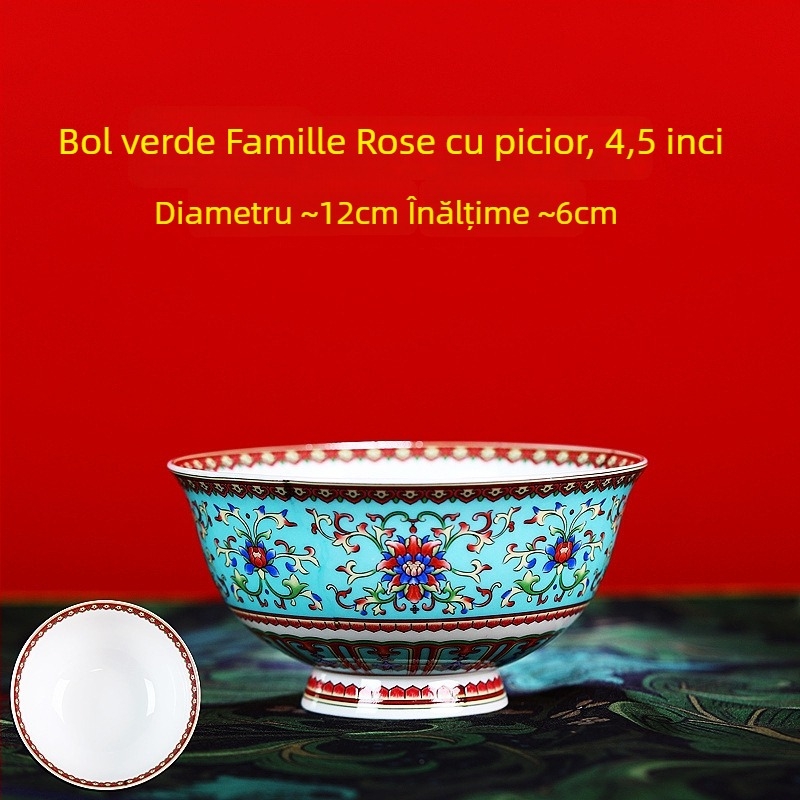 Set de boluri din porțelan osos, email ceramic, cu picior înalt, protecție împotriva arsurilor, formă rotundă, model floral, stil tradițional chinezesc, diametru 12–12,9 cm