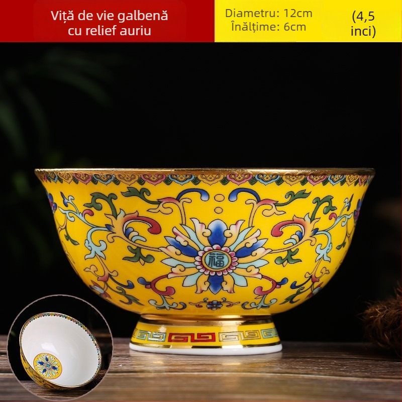 Set de boluri din porțelan osos, email ceramic, cu picior înalt, protecție împotriva arsurilor, formă rotundă, model floral, stil tradițional chinezesc, diametru 12–12,9 cm
