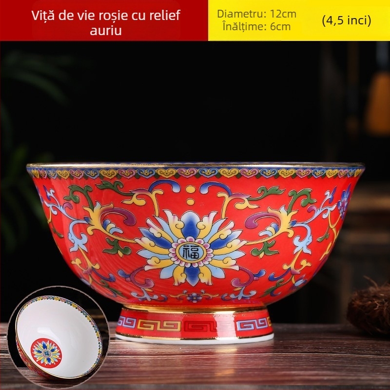 Set de boluri din porțelan osos, email ceramic, cu picior înalt, protecție împotriva arsurilor, formă rotundă, model floral, stil tradițional chinezesc, diametru 12–12,9 cm