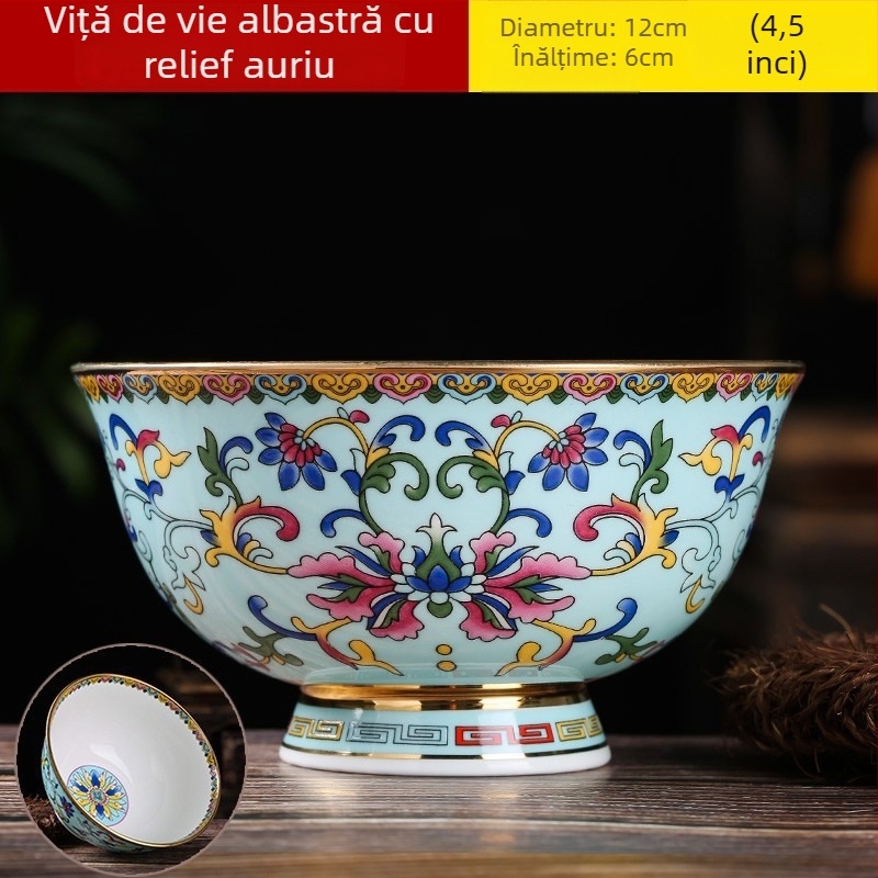 Set de boluri din porțelan osos, email ceramic, cu picior înalt, protecție împotriva arsurilor, formă rotundă, model floral, stil tradițional chinezesc, diametru 12–12,9 cm