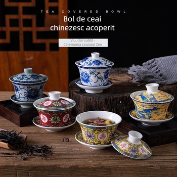 Gaiwan ceramic pentru ceai cu dragoni galbeni Shuanglong, porțelan albastru și alb, mare, trei piese cu capac, opțiune de logo