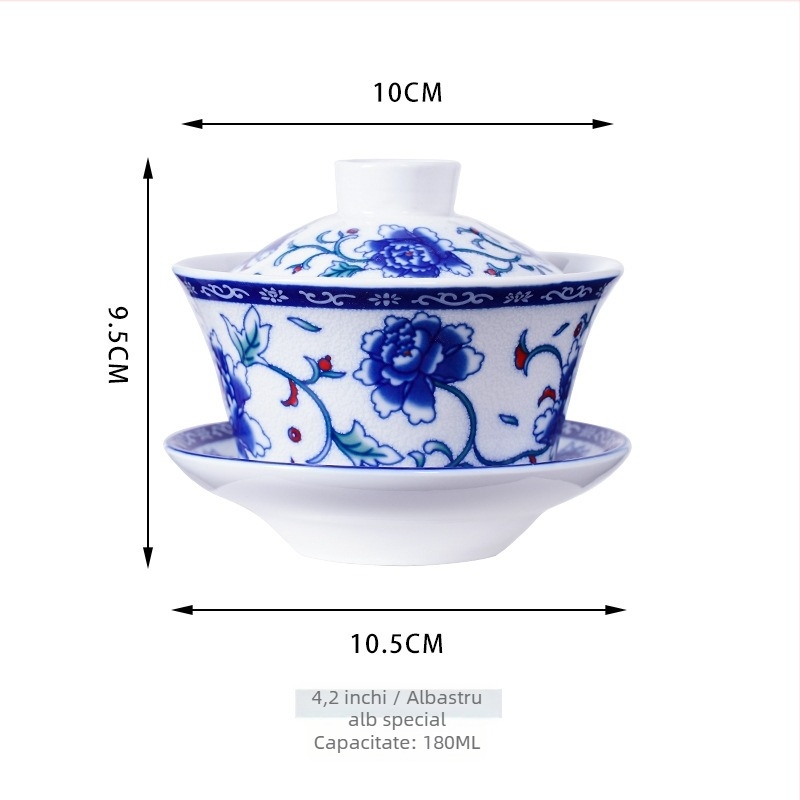 Gaiwan ceramic pentru ceai cu dragoni galbeni Shuanglong, porțelan albastru și alb, mare, trei piese cu capac, opțiune de logo