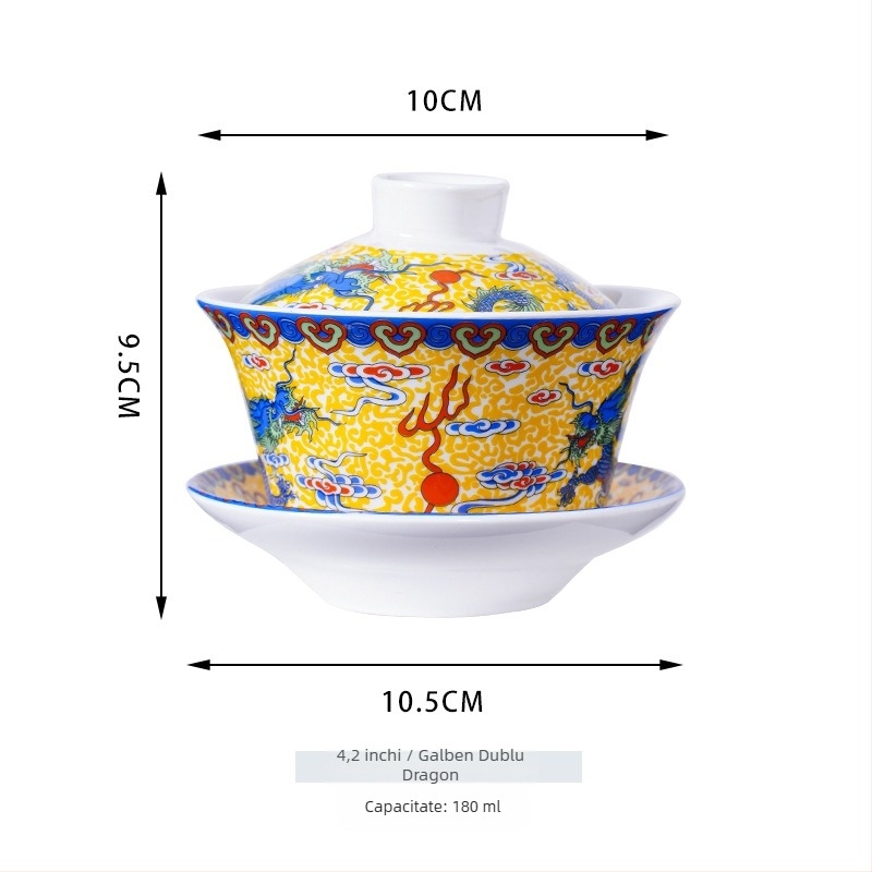 Gaiwan ceramic pentru ceai cu dragoni galbeni Shuanglong, porțelan albastru și alb, mare, trei piese cu capac, opțiune de logo