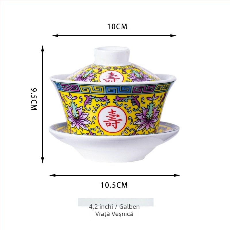 Gaiwan ceramic pentru ceai cu dragoni galbeni Shuanglong, porțelan albastru și alb, mare, trei piese cu capac, opțiune de logo
