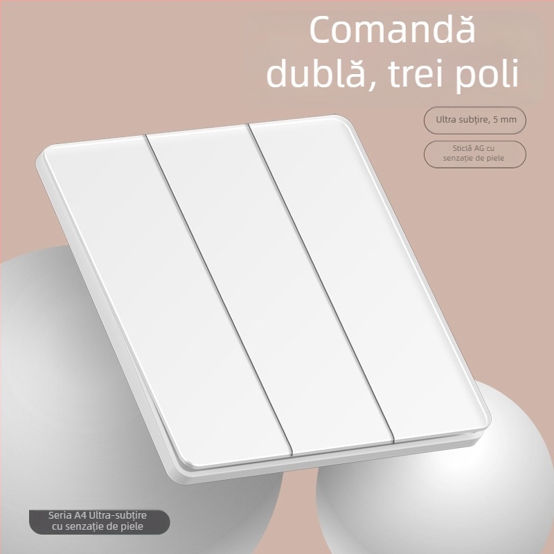 Comutator oglindă din sticlă securizată, tip 86, ultra-subțire, pentru perete — 1 întrerupător, 5 găuri, priză 3 pini, 16A