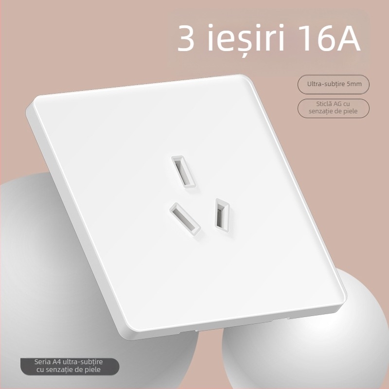 Comutator oglindă din sticlă securizată, tip 86, ultra-subțire, pentru perete — 1 întrerupător, 5 găuri, priză 3 pini, 16A