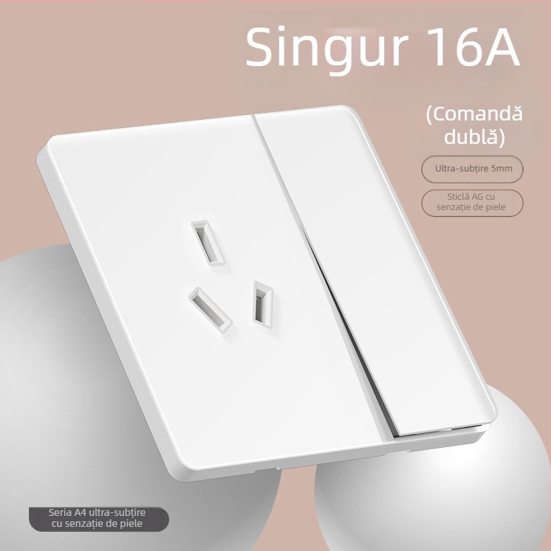 Comutator oglindă din sticlă securizată, tip 86, ultra-subțire, pentru perete — 1 întrerupător, 5 găuri, priză 3 pini, 16A
