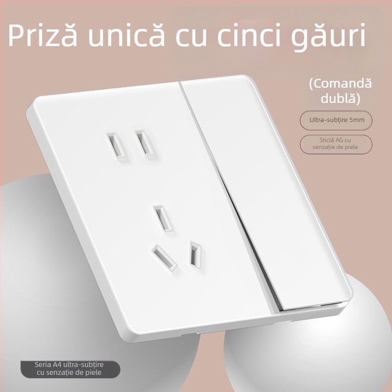 Comutator oglindă din sticlă securizată, tip 86, ultra-subțire, pentru perete — 1 întrerupător, 5 găuri, priză 3 pini, 16A