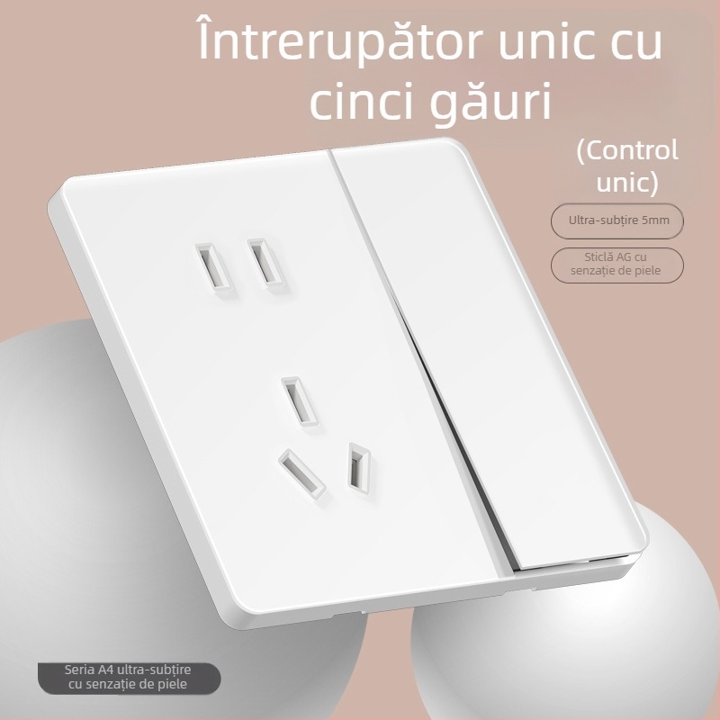 Comutator oglindă din sticlă securizată, tip 86, ultra-subțire, pentru perete — 1 întrerupător, 5 găuri, priză 3 pini, 16A