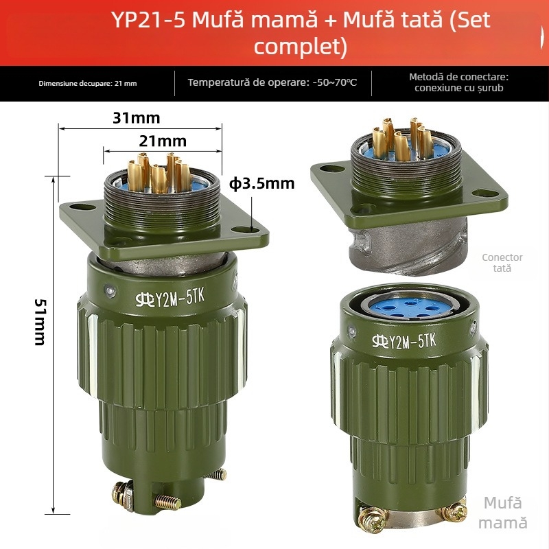 Conector aerian, masculin și feminin, priză industrială Y2M, 2/3/4/5/7/10/14 nuclee, conector cu clips