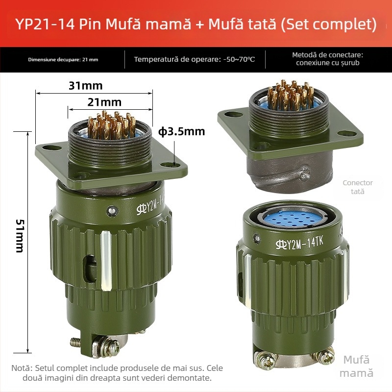 Conector aerian, masculin și feminin, priză industrială Y2M, 2/3/4/5/7/10/14 nuclee, conector cu clips