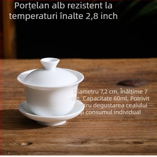 Set de trei boluri de ceai din ceramică albă, cu capac, glazură Sancai, logo personalizabil
