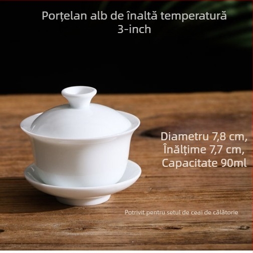 Set de trei boluri de ceai din ceramică albă, cu capac, glazură Sancai, logo personalizabil