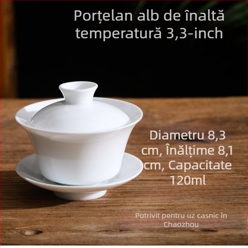 Set de trei boluri de ceai din ceramică albă, cu capac, glazură Sancai, logo personalizabil