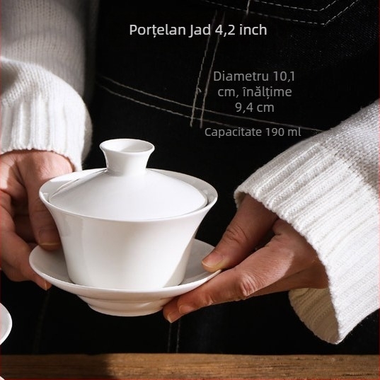 Set de trei boluri de ceai din ceramică albă, cu capac, glazură Sancai, logo personalizabil