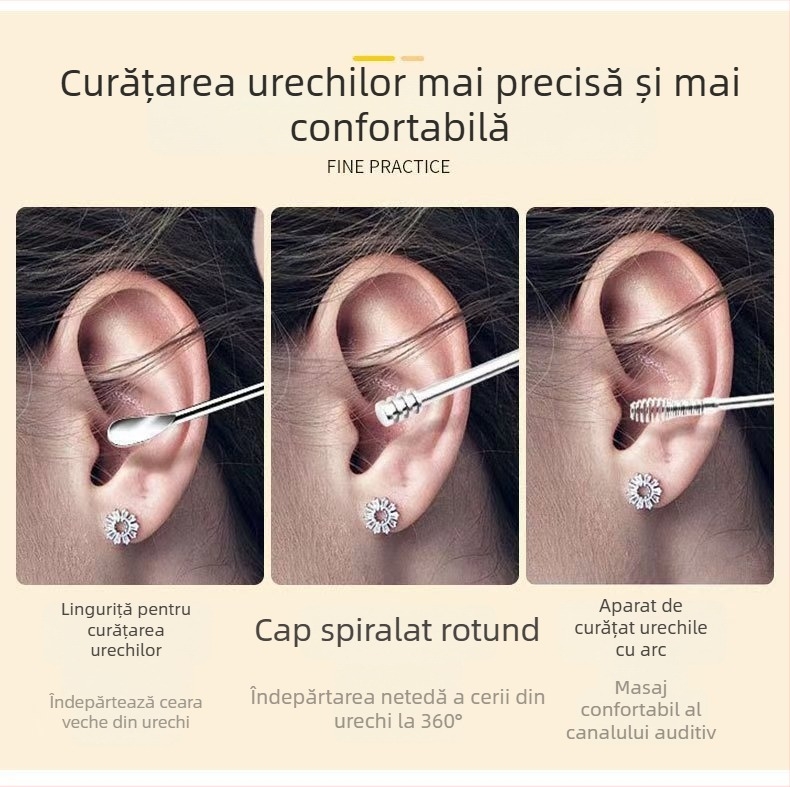 Set din oțel inoxidabil pentru curățarea urechilor, 6 piese, cu vârfuri spiralate și cap dublu.