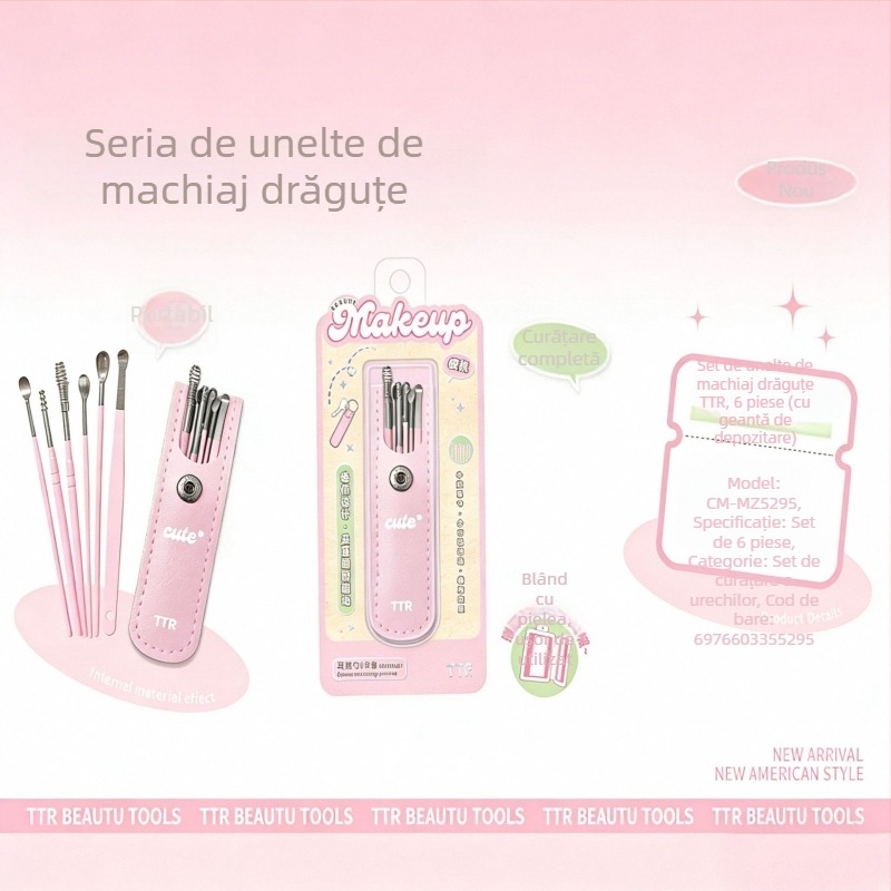 Set din oțel inoxidabil pentru curățarea urechilor, 6 piese, cu vârfuri spiralate și cap dublu.