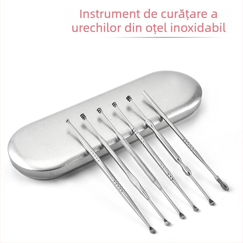 Set de 6 linguri pentru urechi din oțel inoxidabil, cu cap dublu, pentru curățarea cerumenului