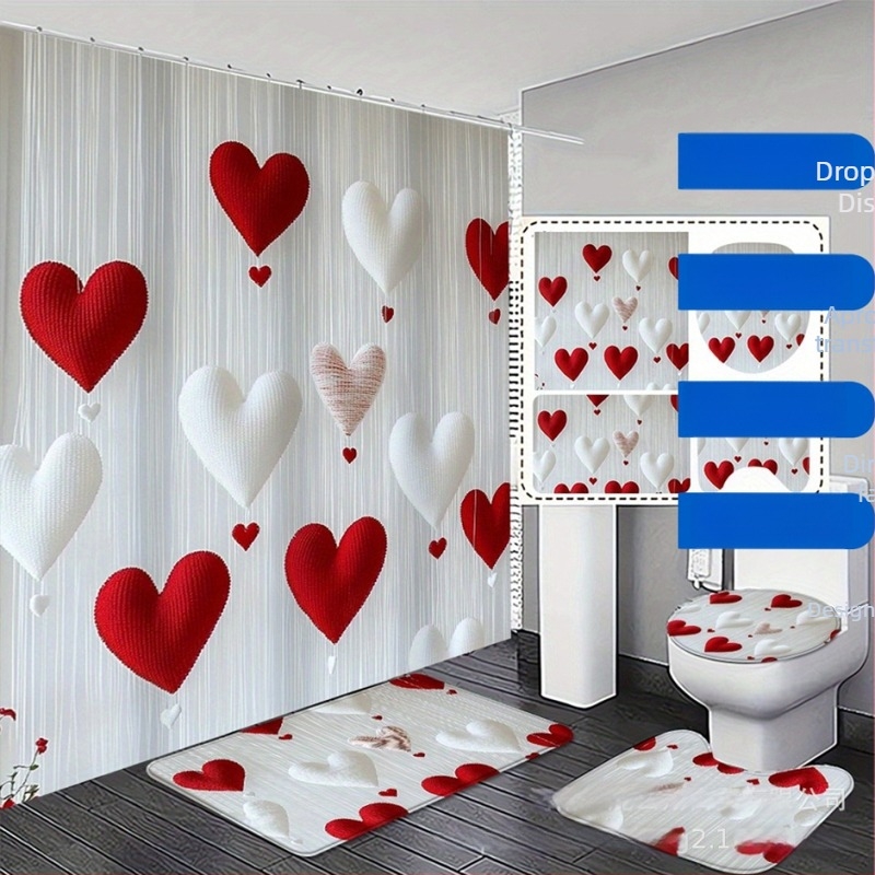 Set de perdele de duș pentru baie, 4 piese, imprimare inimă romantică pentru Ziua Îndrăgostiților, stil minimalist, design 2D plat
