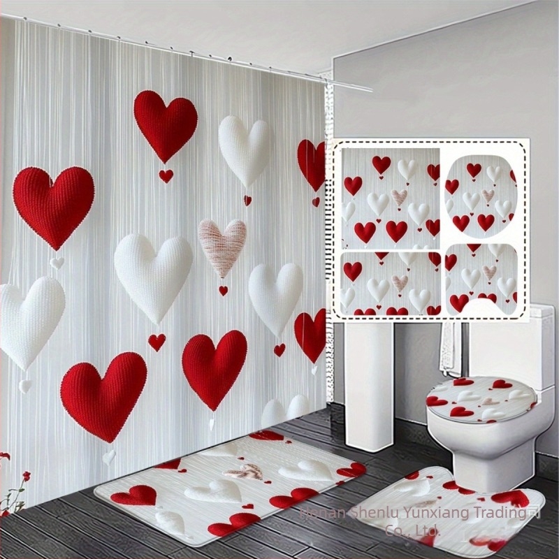 Set de perdele de duș pentru baie, 4 piese, imprimare inimă romantică pentru Ziua Îndrăgostiților, stil minimalist, design 2D plat