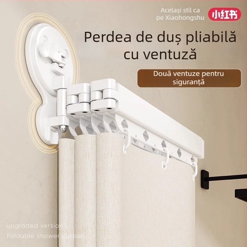 Perdea de duș cu ventuze, bară pliabilă fără găuri, separator invizibil în baie, suport telescopic pentru uscare, separarea uscat-umed