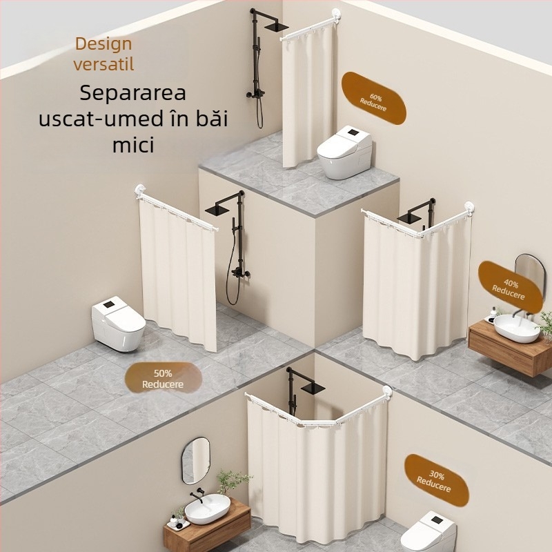 Perdea de duș cu ventuze, bară pliabilă fără găuri, separator invizibil în baie, suport telescopic pentru uscare, separarea uscat-umed