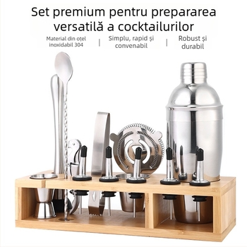 Set de 10 piese shaker de cocktail din oțel inoxidabil cu suport din bambus pentru bar