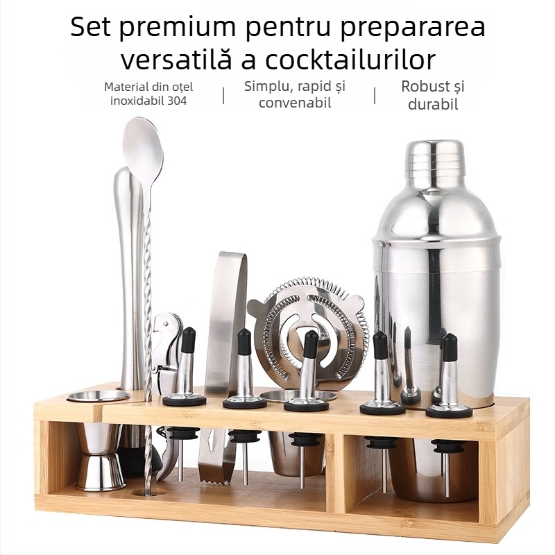 Set de 10 piese shaker de cocktail din oțel inoxidabil cu suport din bambus pentru bar